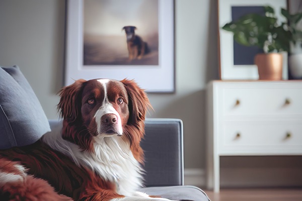 A brown and white dog lying on a couch in a well-furnished room, with a picture of a dog on the wall in the background.